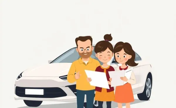Family reviewing teen auto insurance policy with a car
