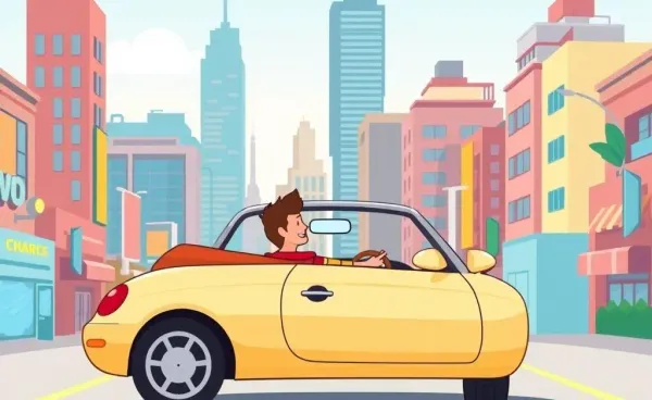 Illustration of a person driving a convertible in the city for temporary car insurance
