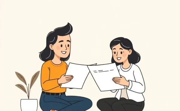 A tenant and landlord reviewing housing documents together.