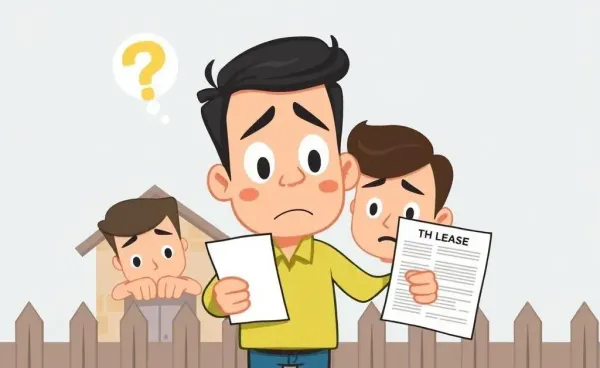 A puzzled tenant holding a lease while a landlord peeks over a fence