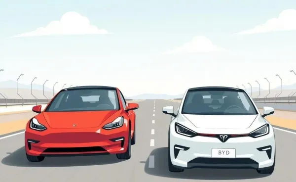 Illustration of Tesla and BYD electric cars in a race