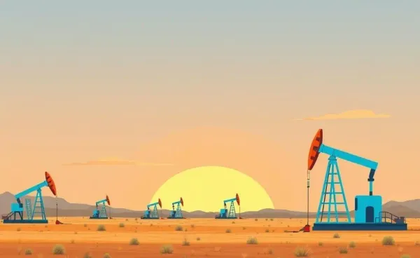 Cartoon-style Texas landscape with oil rigs.