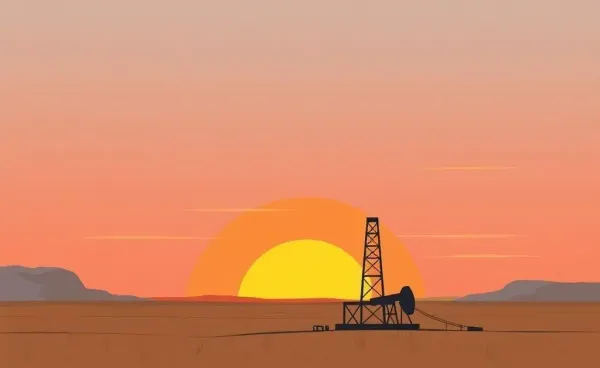 Hand-drawn oil rig in Texas landscape at sunset