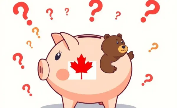 Piggy bank with Canadian symbols and question marks