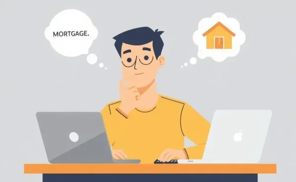 A thoughtful person considering mortgage options with a laptop and calculator