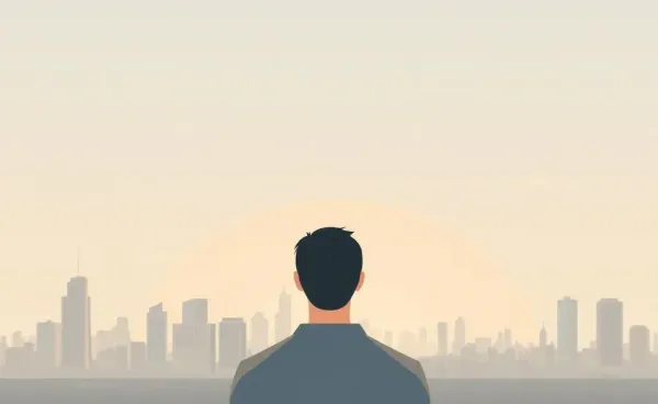 A person looking out thoughtfully at a city skyline