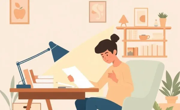Person reviewing paperwork at a cozy home office desk