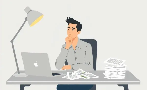 A person at a desk pondering their financial plan