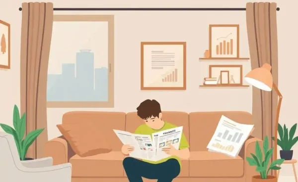 Person examining financial spreadsheets in a cozy living room.
