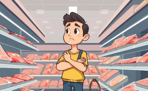 A shopper contemplating meat options in a grocery aisle