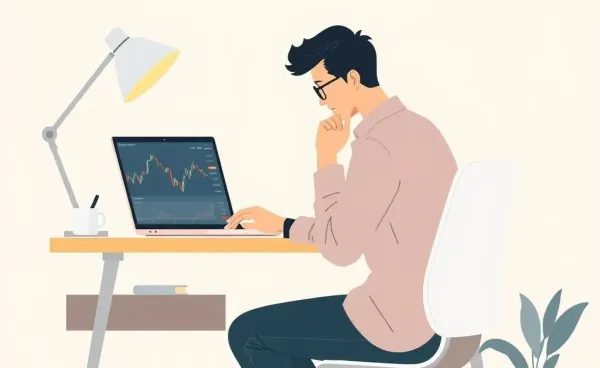 A person at a desk with a laptop, analyzing stock charts thoughtfully.