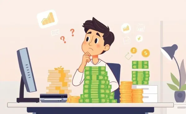 A thoughtful person sitting at a desk pondering investment options