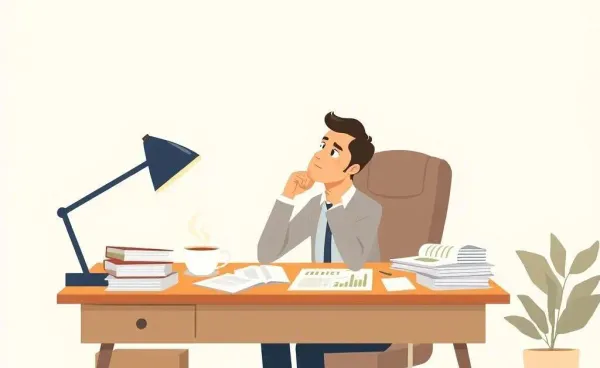 A mindful investor contemplating options with papers and a tea cup on the desk