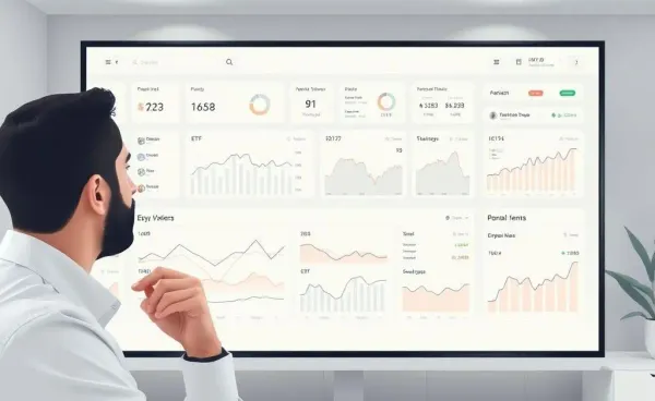 A thoughtful investor looking at a variety of ETF options on a modern, minimalist interface