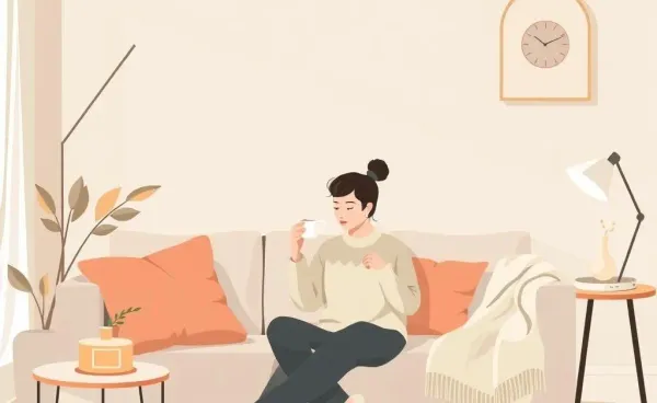 A cozy living room with a person enjoying tea and a blend of luxury and essential items