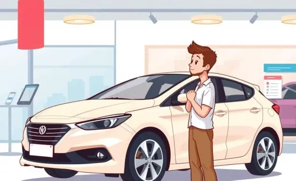 A cartoon-style person inspecting a used car at a dealership.