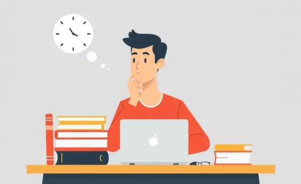 Person looking thoughtful at a desk with books and a laptop