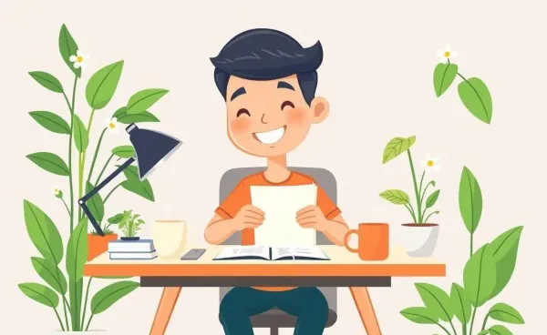 A happy individual sitting at a desk, organizing a budget with plants and coffee around.