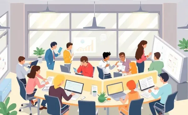 An animated office environment with employees discussing strategies for adapting to change