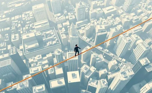 An aerial view of a tightrope walker balancing over a cityscape.