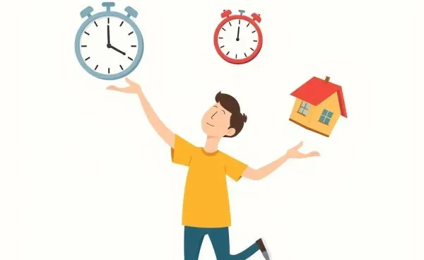 Cartoon of someone juggling a clock, calendar, and house