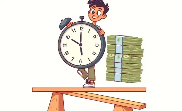 Illustration of a person balancing a clock and money on a seesaw.