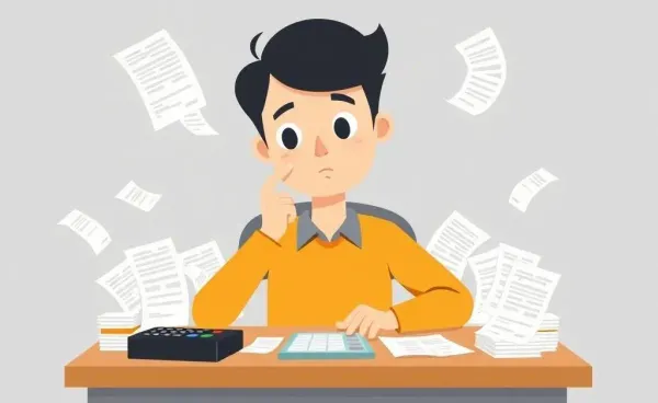 A cartoon of a person at a desk with receipts and a calculator