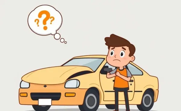 A puzzled driver beside a totaled car with question marks in a thought bubble
