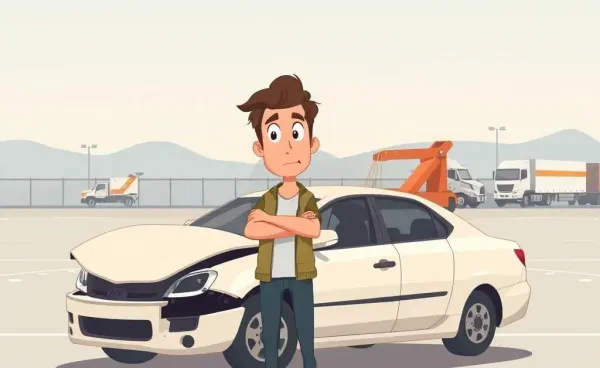 Confused person next to a wrecked car at a tow lot