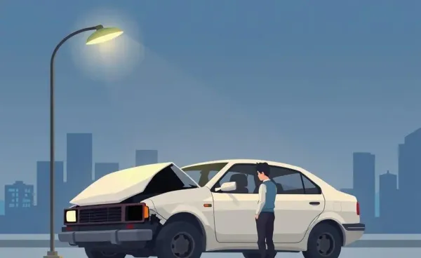 Person standing next to a totaled car illuminated by a street light