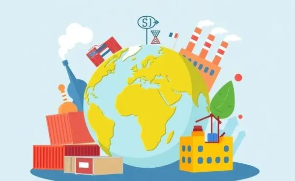 Illustration of a globe surrounded by trade symbols
