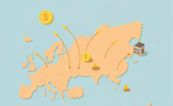Illustration showing trade routes between EU and US with goods and coins