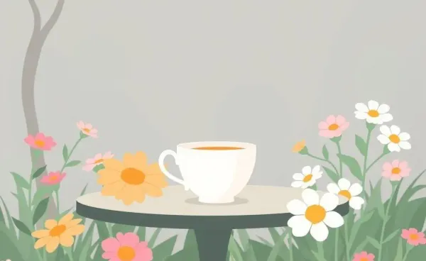 A peaceful garden with a teacup on a table surrounded by flowers.