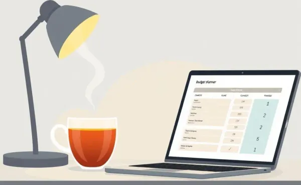 A tranquil home office scene with a steaming cup of tea and a laptop displaying a budget planner