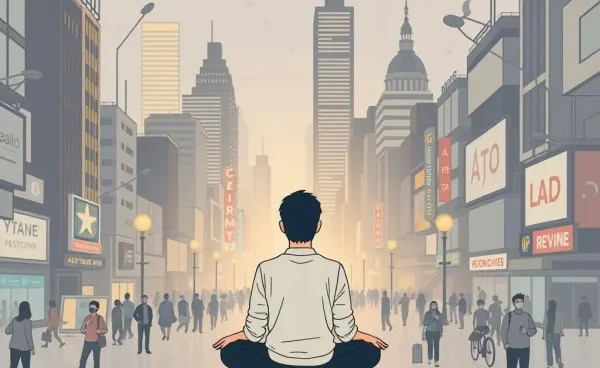A person sitting peacefully in a chaotic urban environment.