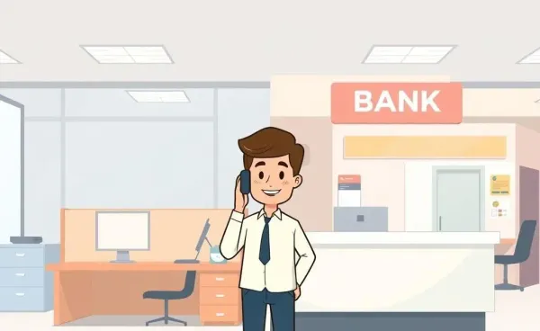 Illustration of a person moving from a call center desk to a bank counter.