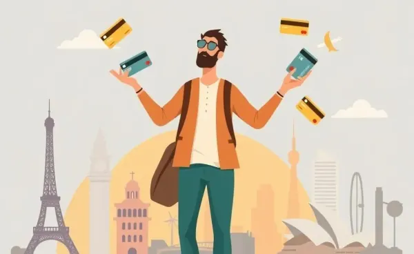Traveler juggling credit cards with travel destinations in the background.