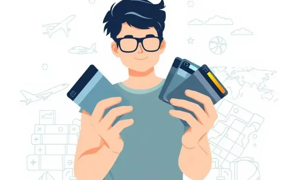 Person choosing a travel credit card with travel icons