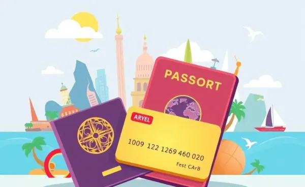 A travel-themed illustration with a credit card and passport