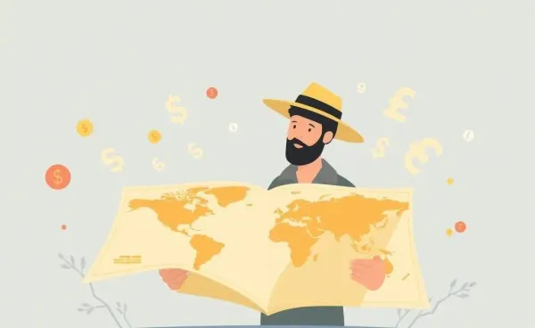 Traveler examining a map with monetary symbols.
