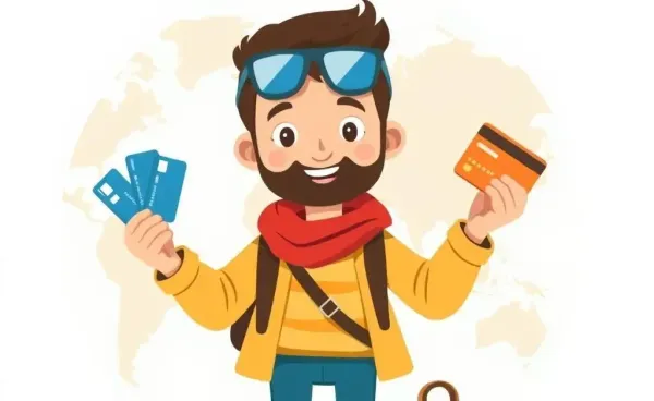 Cartoon of a traveler juggling multiple credit cards over a world map