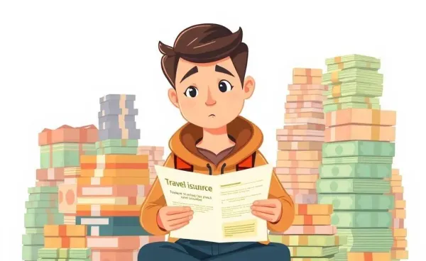 Traveler looking puzzled over an insurance policy surrounded by money