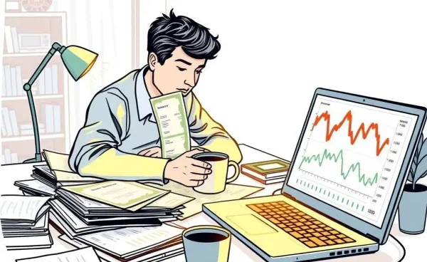 Illustration of a person analyzing Treasury bills on a desk with market charts.