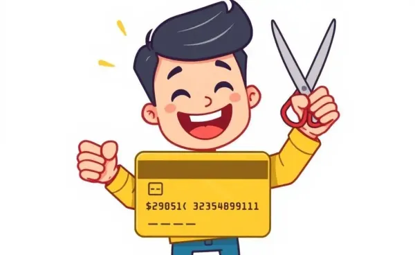 Cartoon image of a happy person cutting a credit card