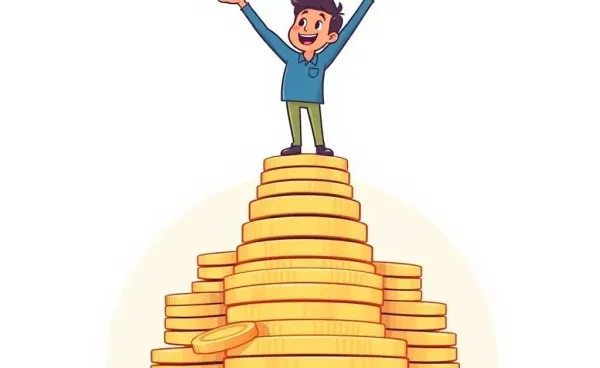 Person standing triumphantly on coins with a piggy bank