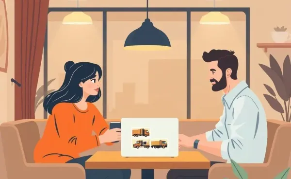 Two friends discussing truck insurance over coffee in a cozy setting