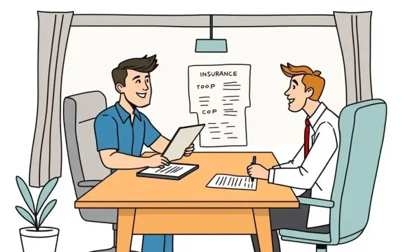 A cartoon of an insurance agent discussing options with a truck driver at a desk