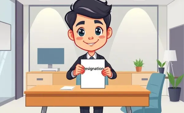 Cartoon-style image of someone submitting a resignation letter at an office desk