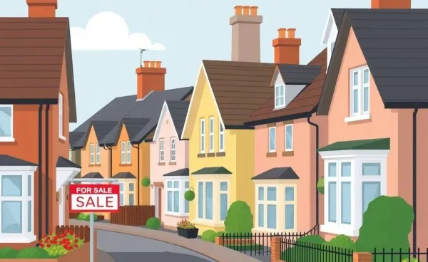 Cartoon image of a UK street with houses and a sign