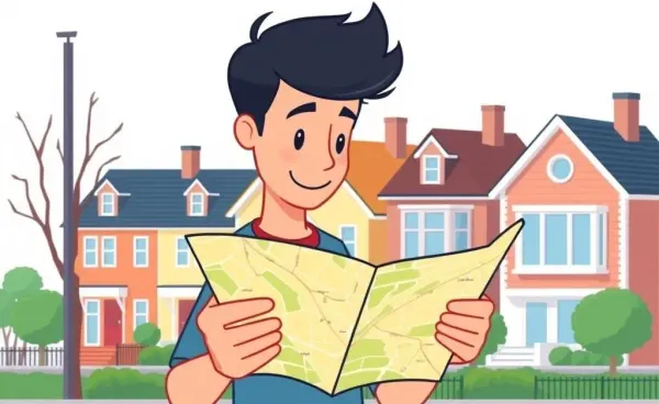 Illustration of a person navigating the UK housing market with a map.